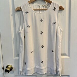 Daniel Rainn White Embellished Sleeveless Blouse Rhinestone Floral Top M Holiday